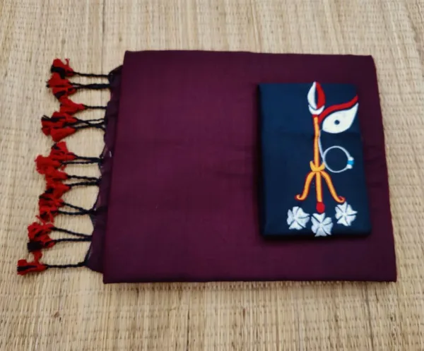 Khadi Cotton Sarees with embroidery blouse - Maroon with black blouse