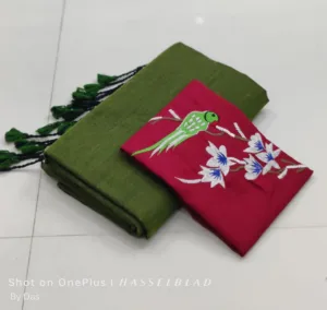 Khadi Cotton Sarees with embroidery blouse - Mehandi green with Maroon blouse