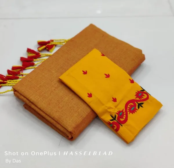 Khadi Cotton Sarees with embroidery blouse - Mustard yellow with dark yellow blouse