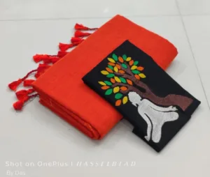 Khadi Cotton Sarees with embroidery blouse - Orange with black blouse