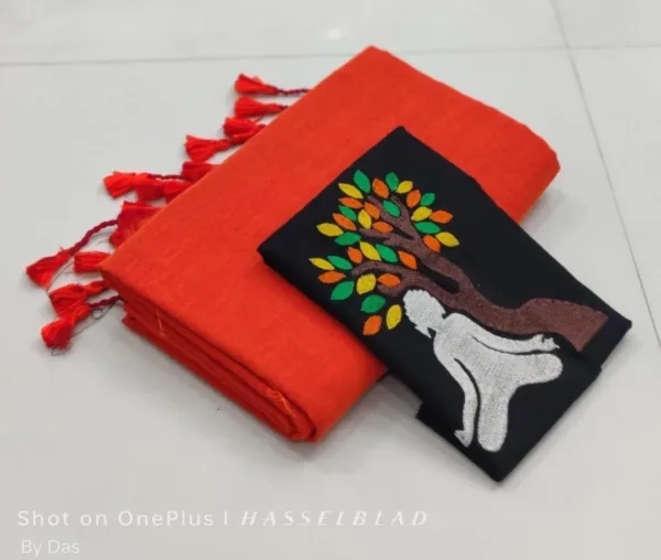 Khadi Cotton Sarees with embroidery blouse - Orange with black blouse