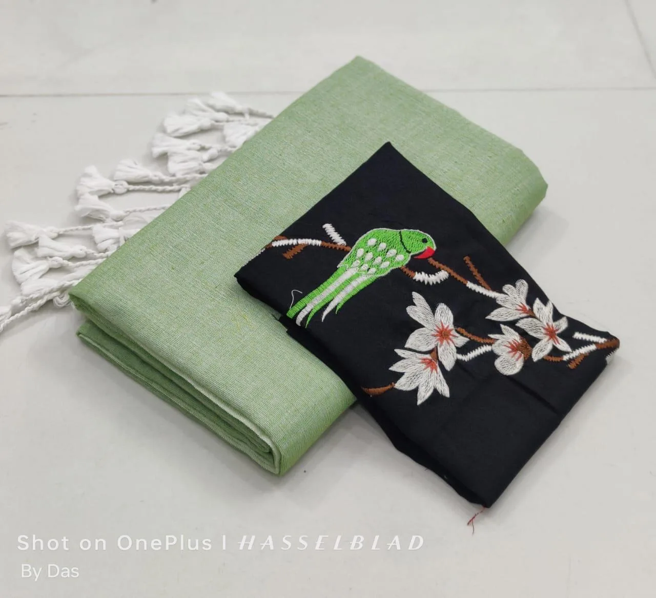 Khadi Cotton Sarees with embroidery blouse - Pista green with black blouse