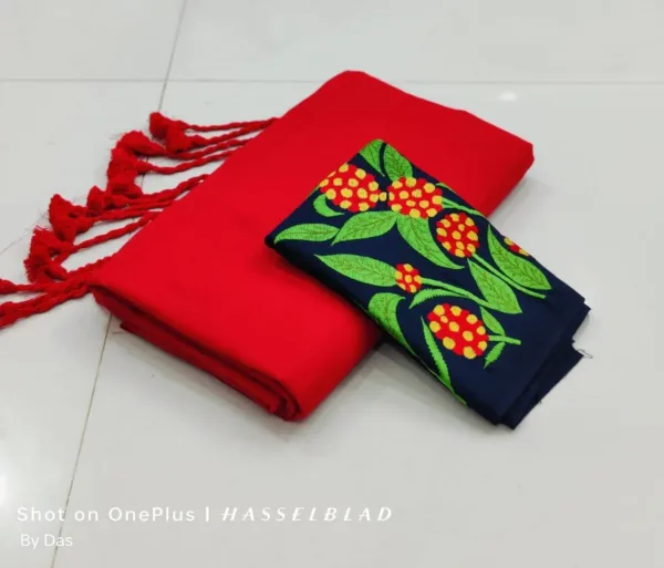 Khadi Cotton Sarees with embroidery blouse - Red with dark blue blouse