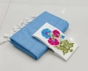 Khadi Cotton Sarees with embroidery blouse - Sky blue with white blouse