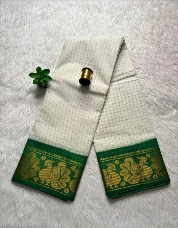 Madurai sungudi cotton Zari Check Contrast - White with green