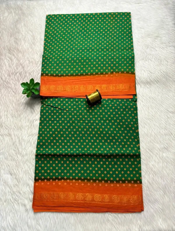 Madurai Sungudi Cotton Printed Sarees - Green with Orange