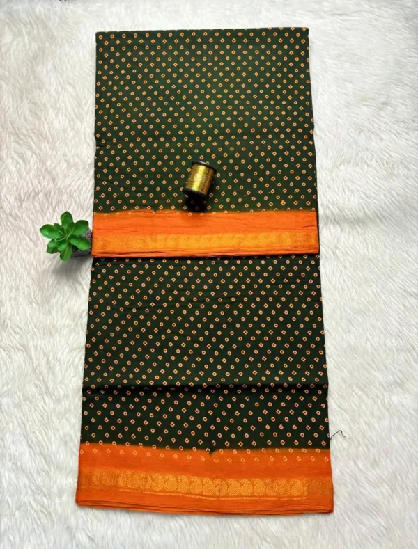 Madurai Sungudi Cotton Printed Sarees - Dark green with Orange