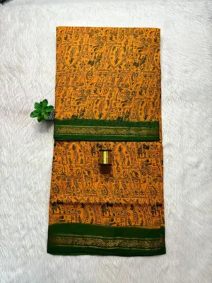 Madurai Sungudi Cotton Printed Sarees - Yellow with green