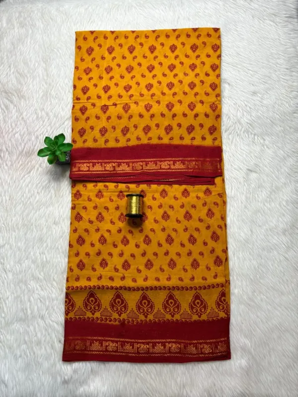 Madurai Sungudi Cotton Printed Sarees - Yellow with Red