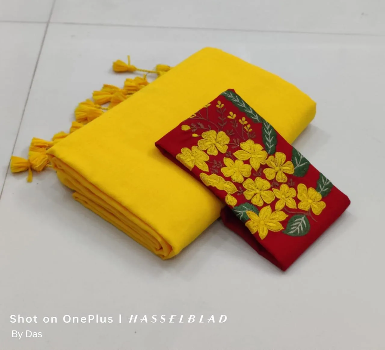 Khadi Cotton Sarees with embroidery blouse - Yellow with Maroon blouse