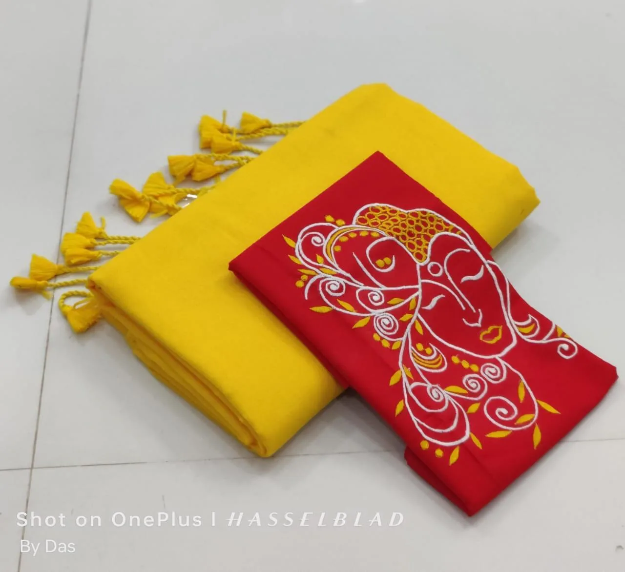 Khadi Cotton Sarees with embroidery blouse - Yellow with Red blouse