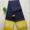 Madurai sungudi cotton Silver Zari Check Contrast - Blue with lemon yellow