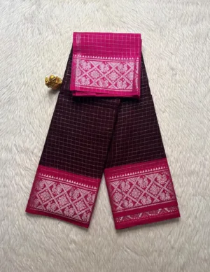 Madurai sungudi cotton Silver Zari Check Contrast - Chocolate brown with pink