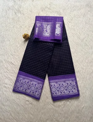 Madurai sungudi cotton Silver Zari Check Contrast - Dark Blue with Lavender