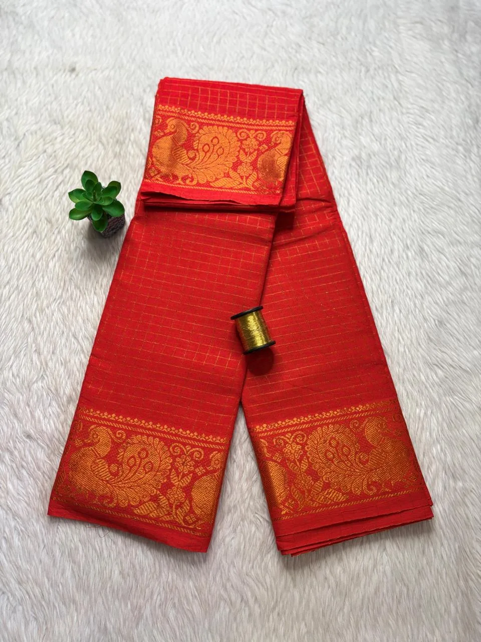 Madurai sungudi cotton Zari Check self -Orange Red