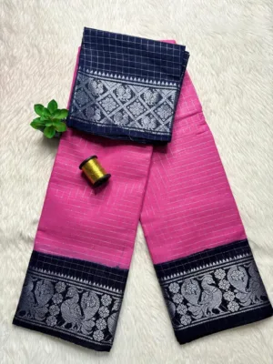 Madurai sungudi cotton Silver Zari Check Contrast - Light pink with black