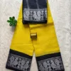 Madurai sungudi cotton Silver Zari Check Contrast - Lemon yellow with Black