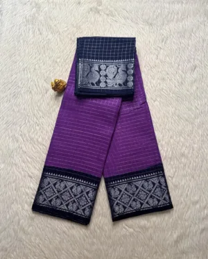 Madurai sungudi cotton Silver Zari Check Contrast - Lavender with Black