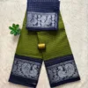 Madurai sungudi cotton Silver Zari Check Contrast - Mehandi green with blue