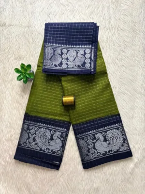 Madurai sungudi cotton Silver Zari Check Contrast - Mehandi green with blue