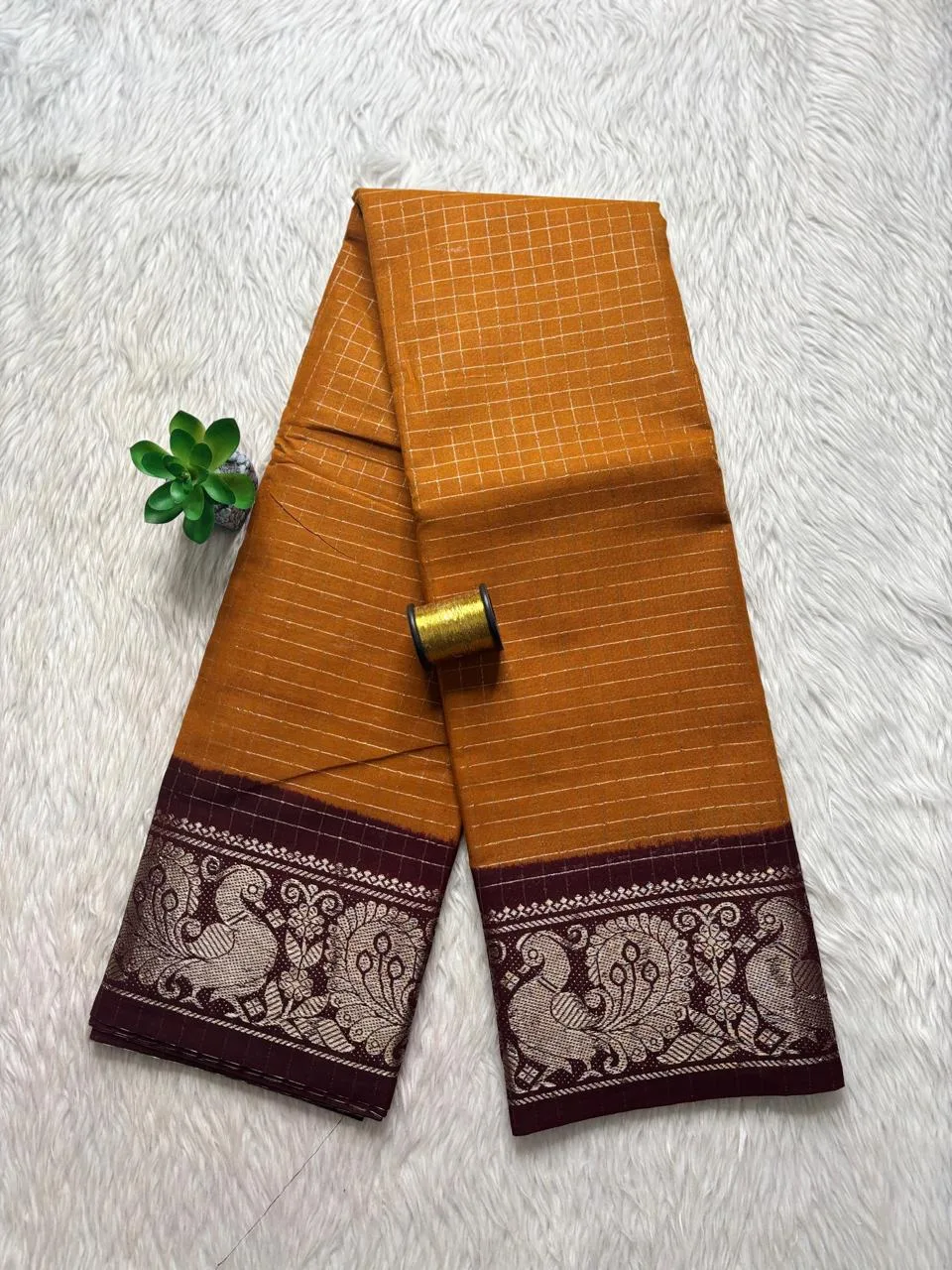 Madurai sungudi cotton Silver Zari Check Contrast - Mustard yellow with Maroon