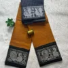 Madurai sungudi cotton Silver Zari Check Contrast - Mustard yellow with black