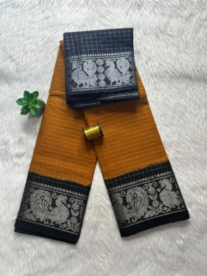 Madurai sungudi cotton Silver Zari Check Contrast - Mustard yellow with black