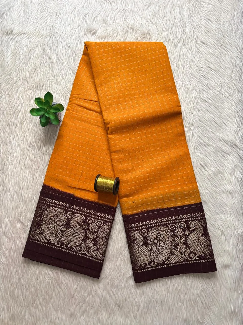 Madurai sungudi cotton Silver Zari Check Contrast - Mustard yellow with Maroon