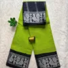 Madurai sungudi cotton Silver Zari Check Contrast - Parrot green with black