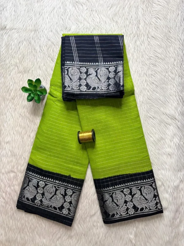 Madurai sungudi cotton Silver Zari Check Contrast - Parrot green with black