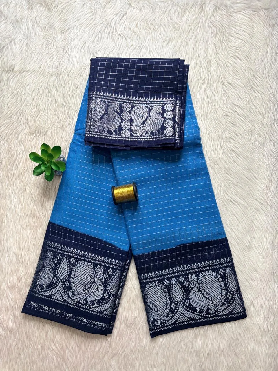 Madurai sungudi cotton Silver Zari Check Contrast - Sky blue with Dark blue