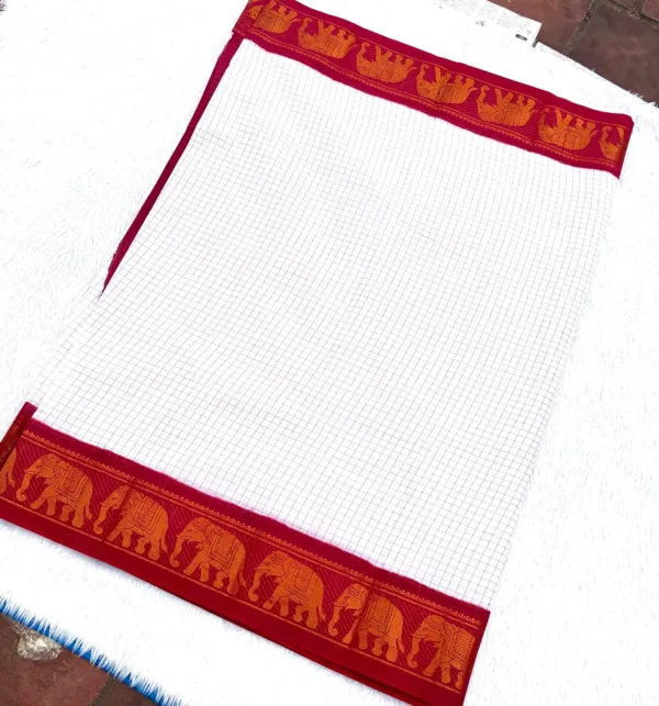 Madurai sungudi cotton Zari Check Contrast - White with Red (Running Blouse)