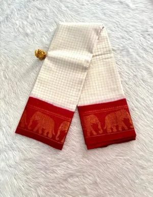 Madurai sungudi cotton Zari Check Contrast - White with Red (Running Blouse)