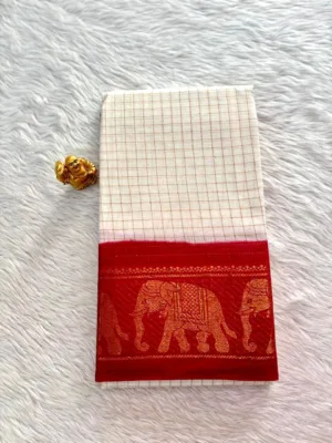 Madurai sungudi cotton Zari Check Contrast - White with Red (Running Blouse)