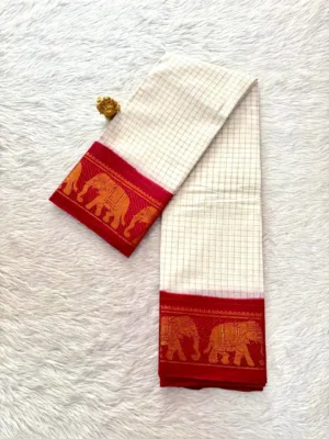 Madurai sungudi cotton Zari Check Contrast - White with Red (Running Blouse)