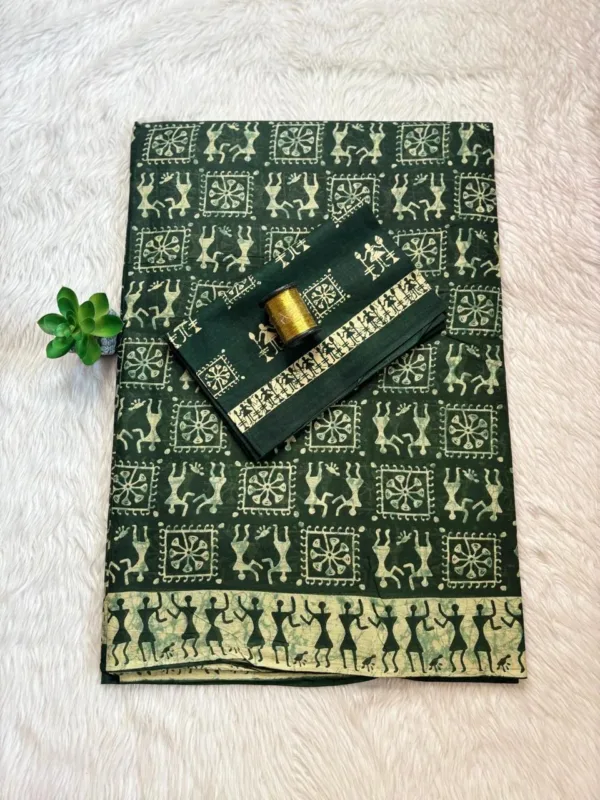 Summer printed Pure cotton Sarees - Bottle Green-Summer cotton