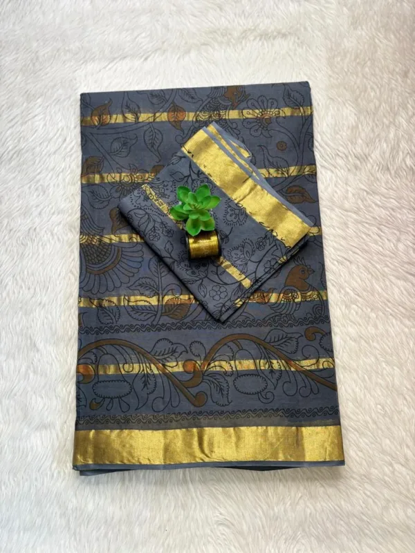 10 Patti Cotton kalamkari print saree - Ash colour -Saree with Blouse