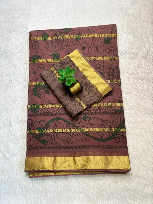 10 Patti Cotton kalamkari print saree - Brown Colour -Saree with Blouse