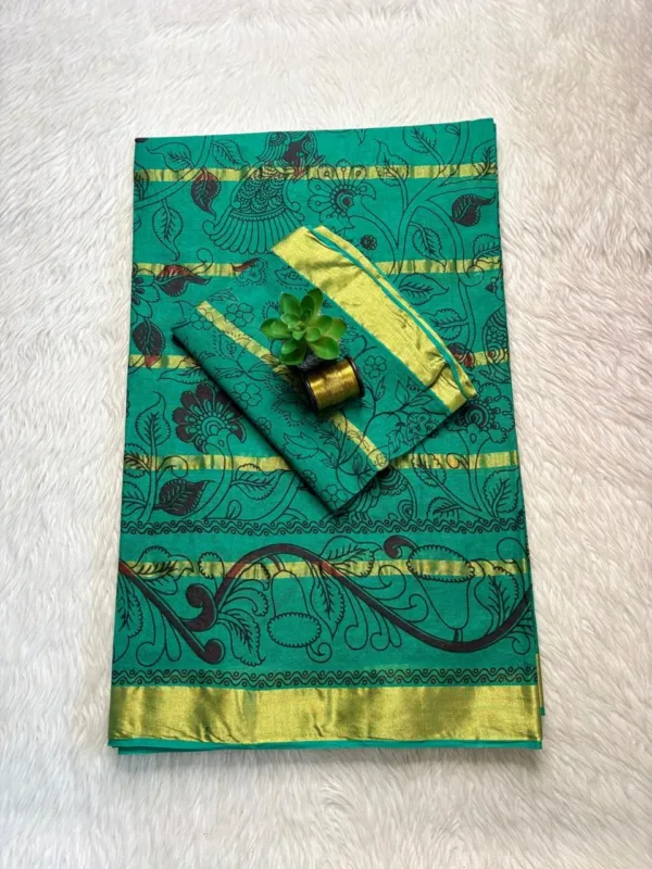 10 Patti Cotton kalamkari print saree - Silver Green Colour -Saree with Blouse
