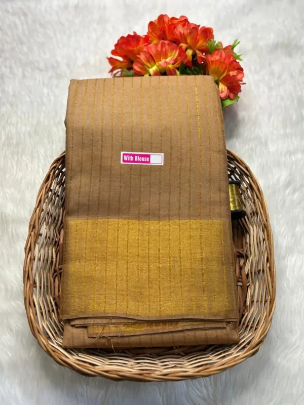 Madurai sungudi cotton tissue border zari line saree- with running blouse-Line tissue -Gold