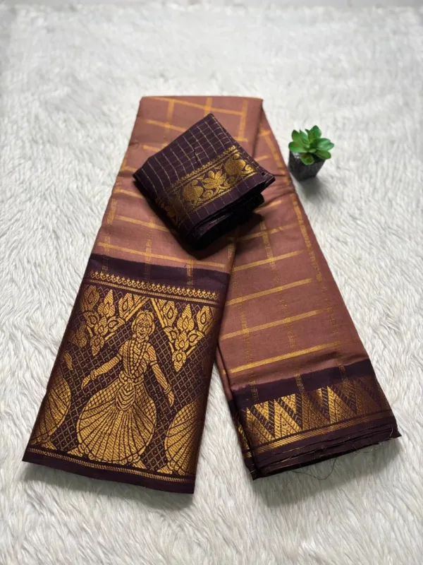 Madurai sungudi cotton Doll and Temple border Saree - Chocolate