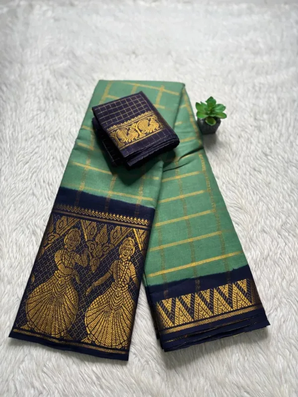Madurai sungudi cotton Doll and Temple border Saree - Olive Green
