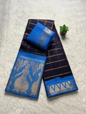 Madurai sungudi cotton Doll and Temple border Saree - Dark blue(Sky blue)