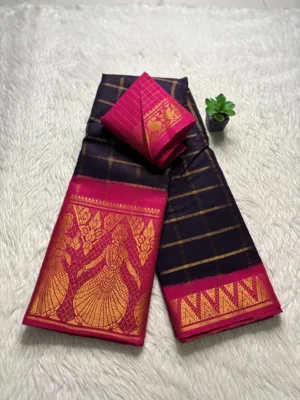Madurai sungudi cotton Doll and Temple border Saree - Dark blue(Pink)