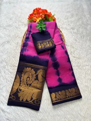 Madurai Sungudi cotton saree Shibori tie and dye - Dark Pink Colour