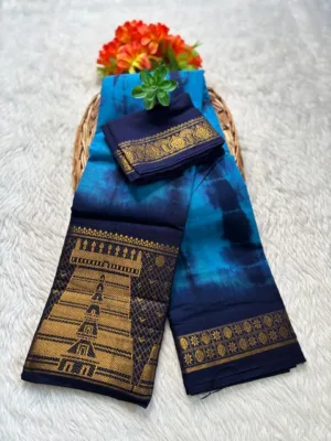 Madurai sungudi cotton saree shibori tie and dye - Light Blue colour Temple Border