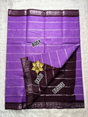 Madurai Sungudi Cotton Silver Veludhari Saree with Blouse - Lavender1