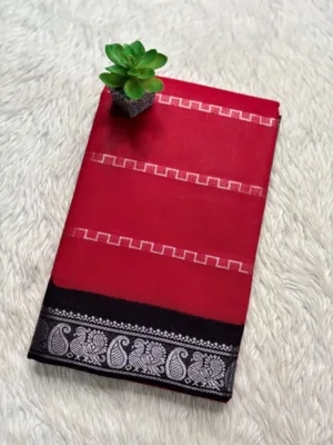 Madurai Sungudi Cotton Silver Veludhari Saree with Blouse - Red
