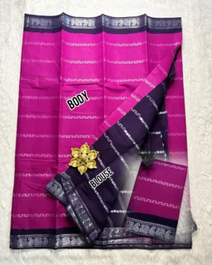 Madurai Sungudi Cotton Silver Veludhari Saree with Blouse - Mejantha Pink1