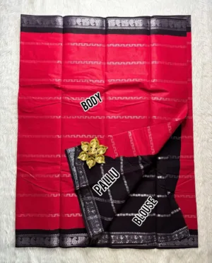 Madurai Sungudi Cotton Silver Veludhari Saree with Blouse - Red1